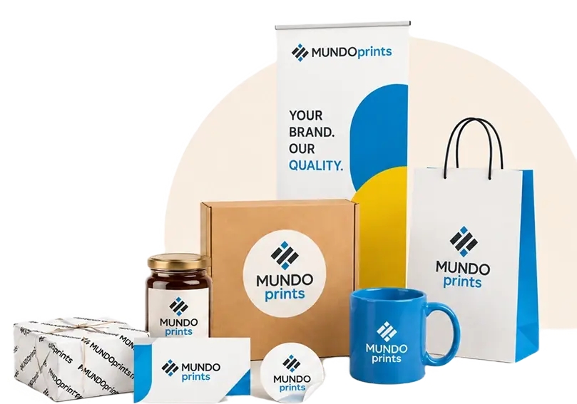 Branded box, bag, mug, cards and banner