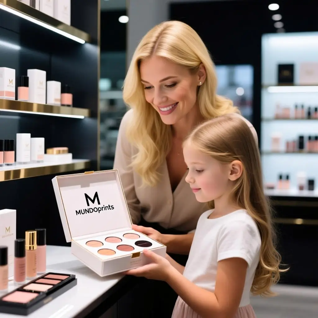 A MundoPrints cosmetics box held open in a beauty store