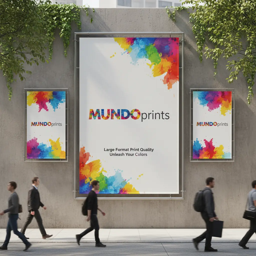Large-format MundoPrints posters mounted on a city wall
