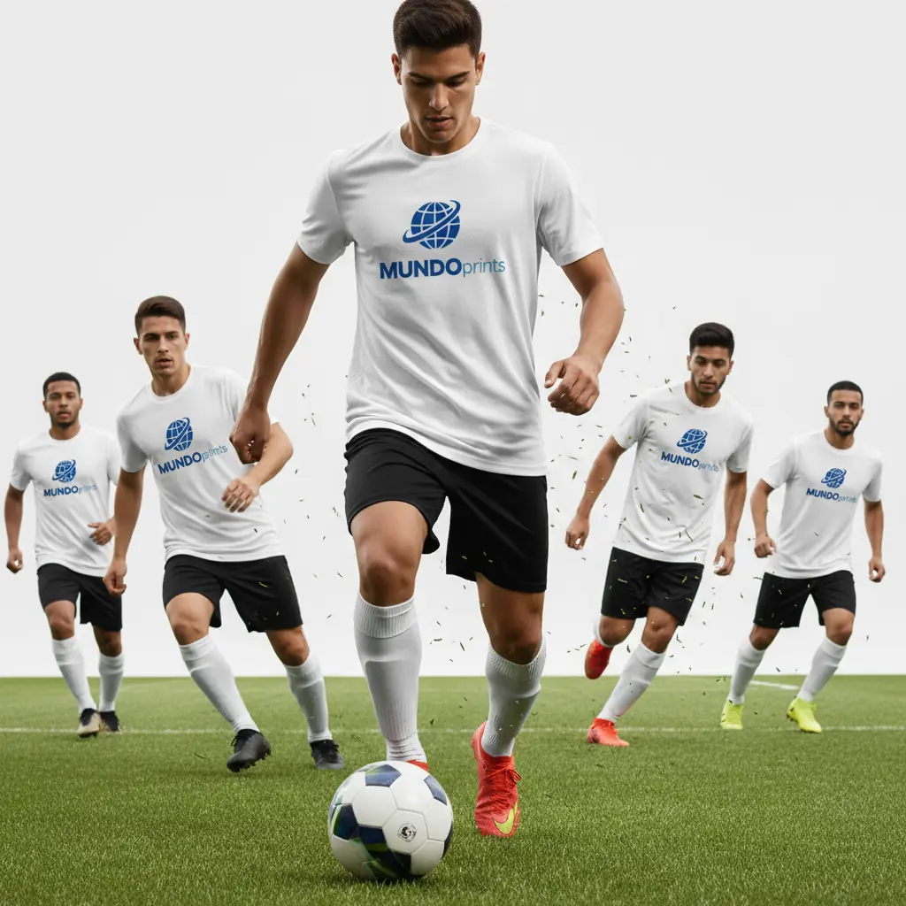A football team wearing white MundoPrints t-shirts